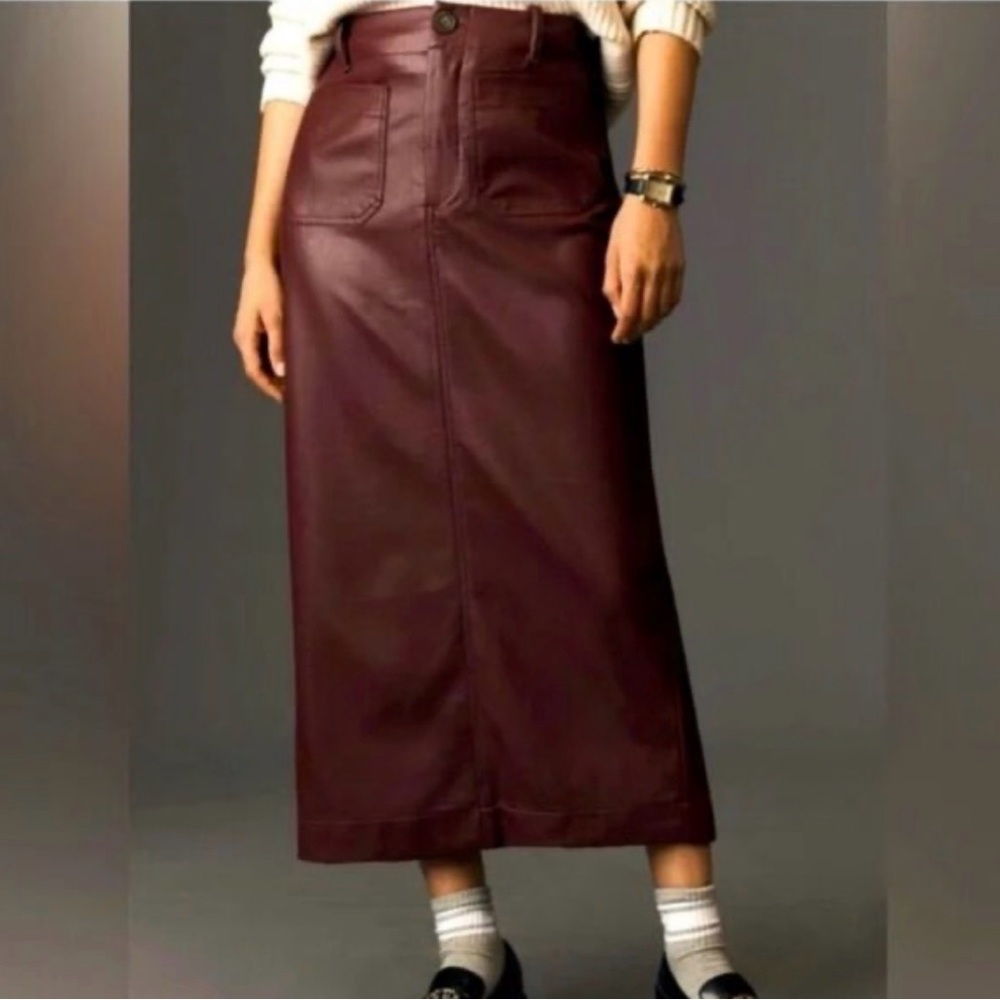 The Colette Faux Leather Cherry Burgundy Maxi Pencil Skirt by Maeve Vegan — XS - Picture 2 of 12